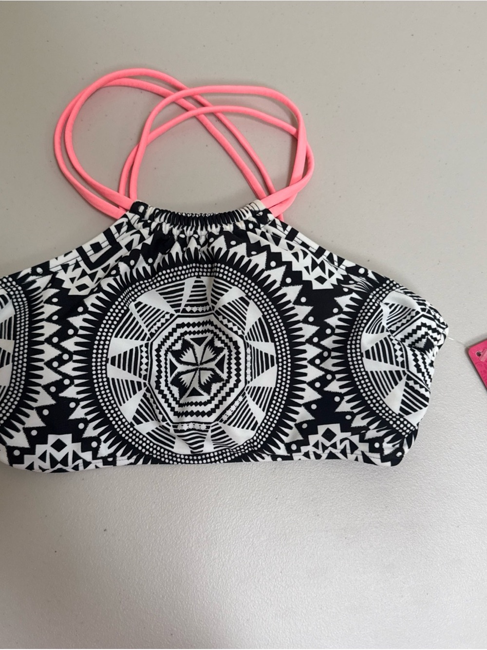 Xhilaration Black and White Tribal Print Bikini Top with Pink Straps